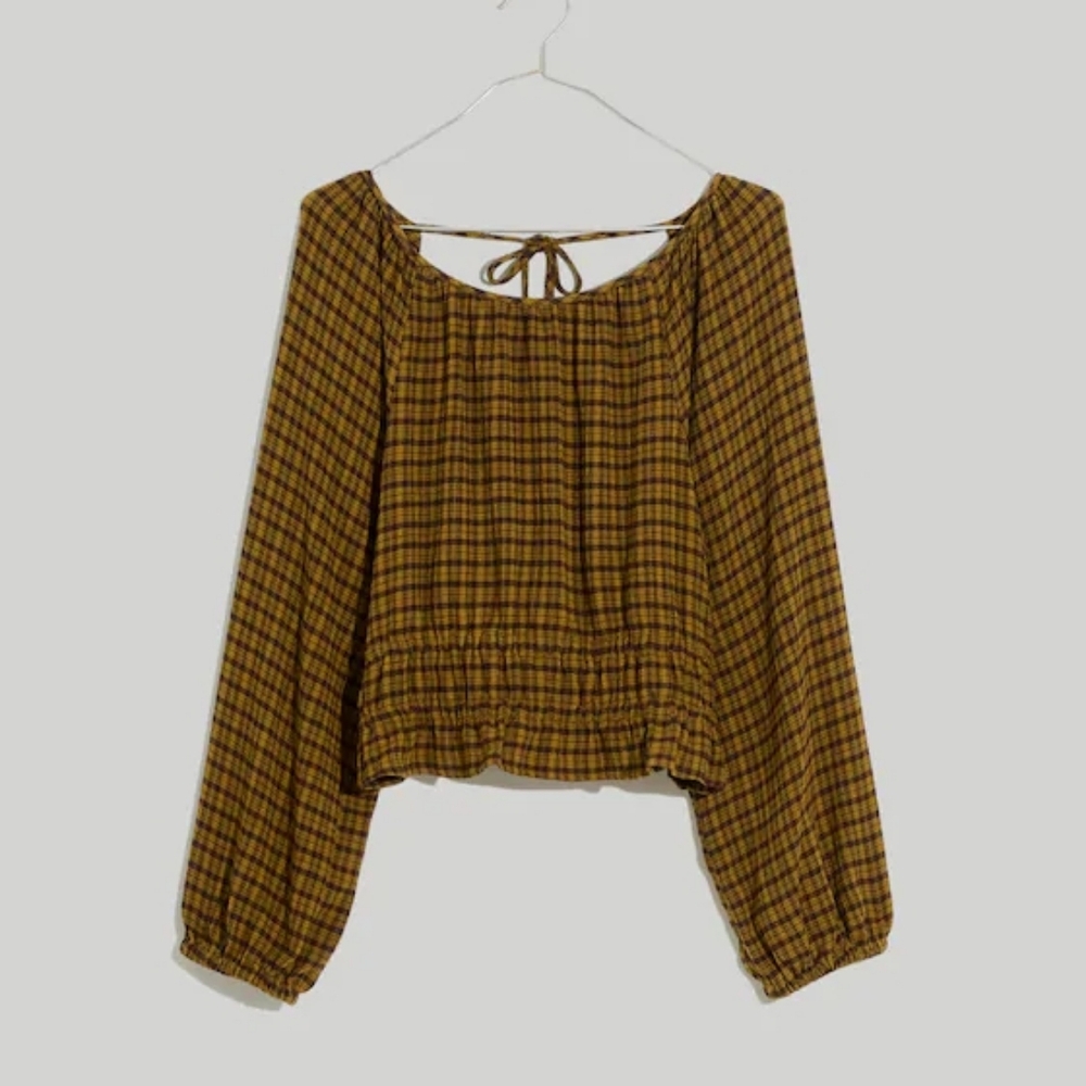 Tie-Back Cutout Top in Plaid In Spiced Olive Size Small